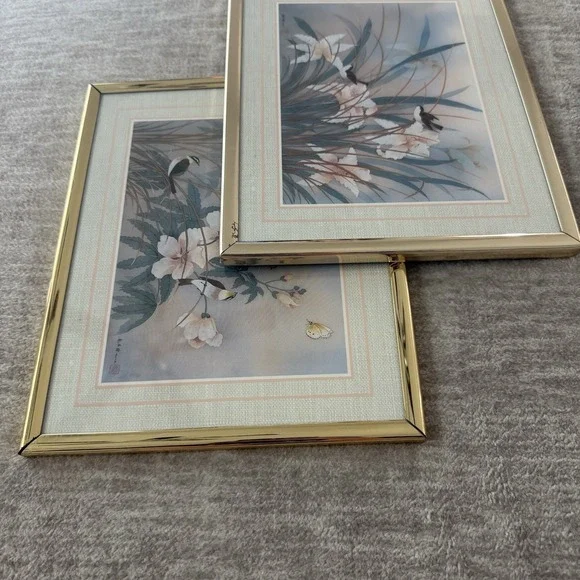 Vintage Chinese Watercolor Painting Framed Set of 3 Birds Flowers Signed - Picture 13 of 14